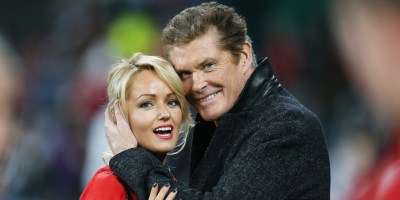 Actor and singer David Hasselhoff hugs welsh wife Hayley Roberts during the 2015 RWC
